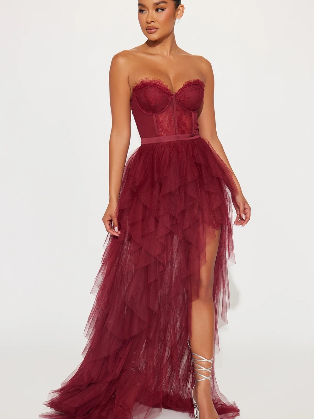 Fashion Nova Strapless Burgundy Layered Tulle Gown - Picture 5 of 5